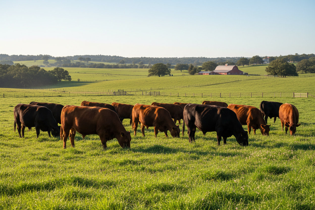 Grass-fed cattle grazing on open pasture at Rivas Ranch - source of premium suet tallow skincare
