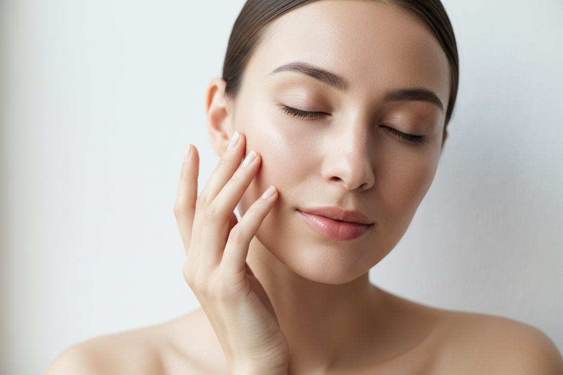 Woman with clear, glowing skin applying grass-fed tallow balm from Rivas Ranch
