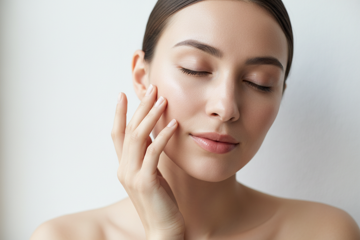 Woman with clear, glowing skin applying grass-fed tallow balm from Rivas Ranch