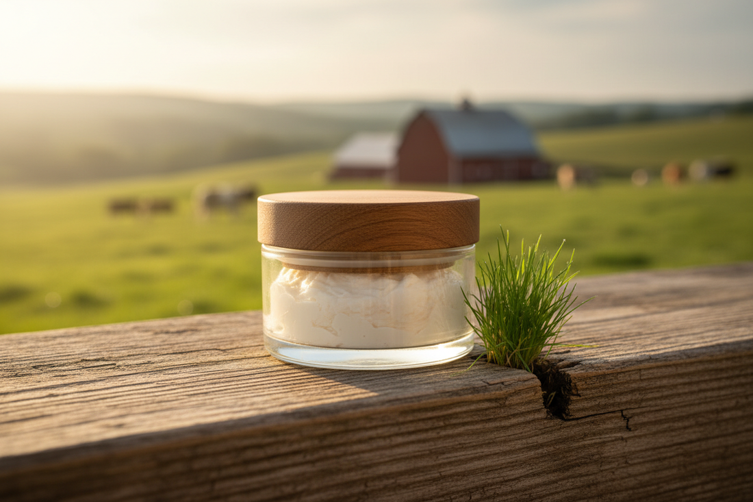 Glass jar of grass-fed whipped tallow balm on rustic wooden surface with farm background - Rivas Ranch