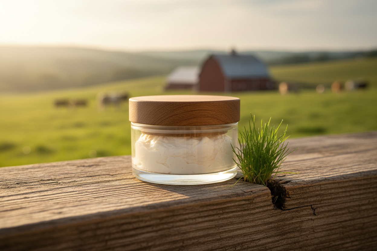 Glass jar of grass-fed whipped tallow balm on rustic wooden surface with farm background - Rivas Ranch