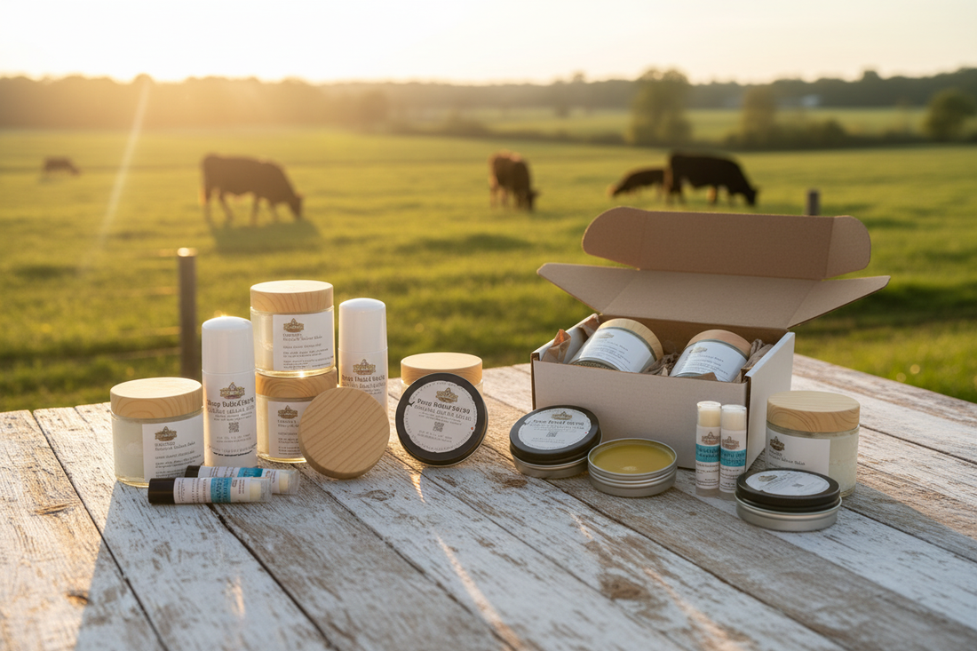photo of a variety of tallow skincare products by Rivas Ranch