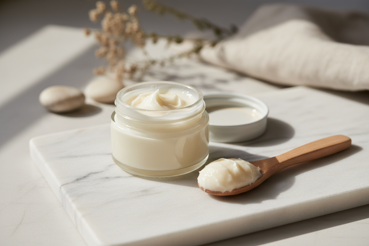 Open glass jar of grass-fed tallow balm with a wooden spatula on a white marble surface, soft natural light and dried botanicals in the background