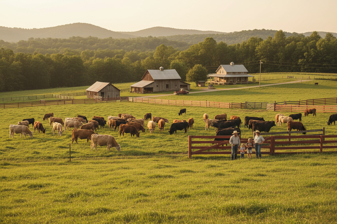 Grass-fed cattle grazing on open pasture at Rivas Ranch in North Carolina