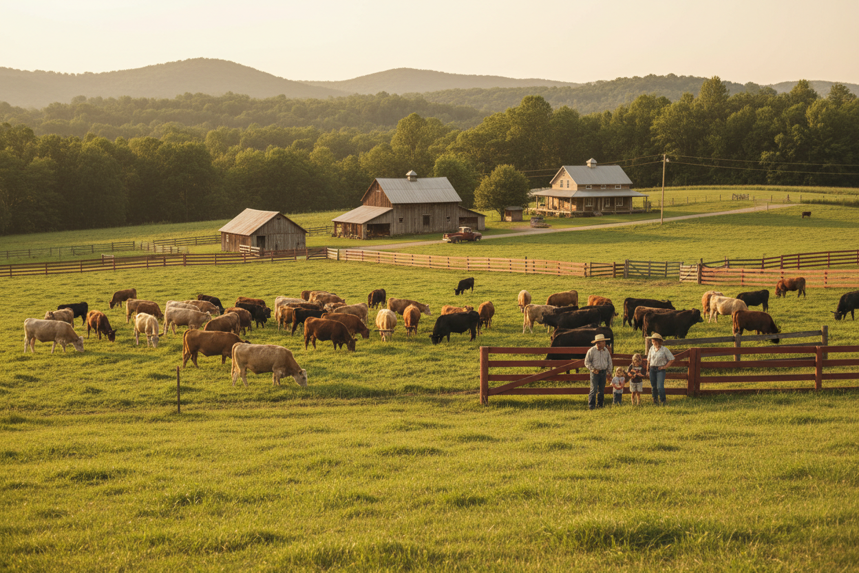 Grass-fed cattle grazing on open pasture at Rivas Ranch in North Carolina