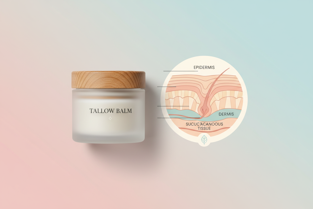 Minimalist flat lay of tallow balm jar with skin care application guide aesthetic by Rivas Ranch