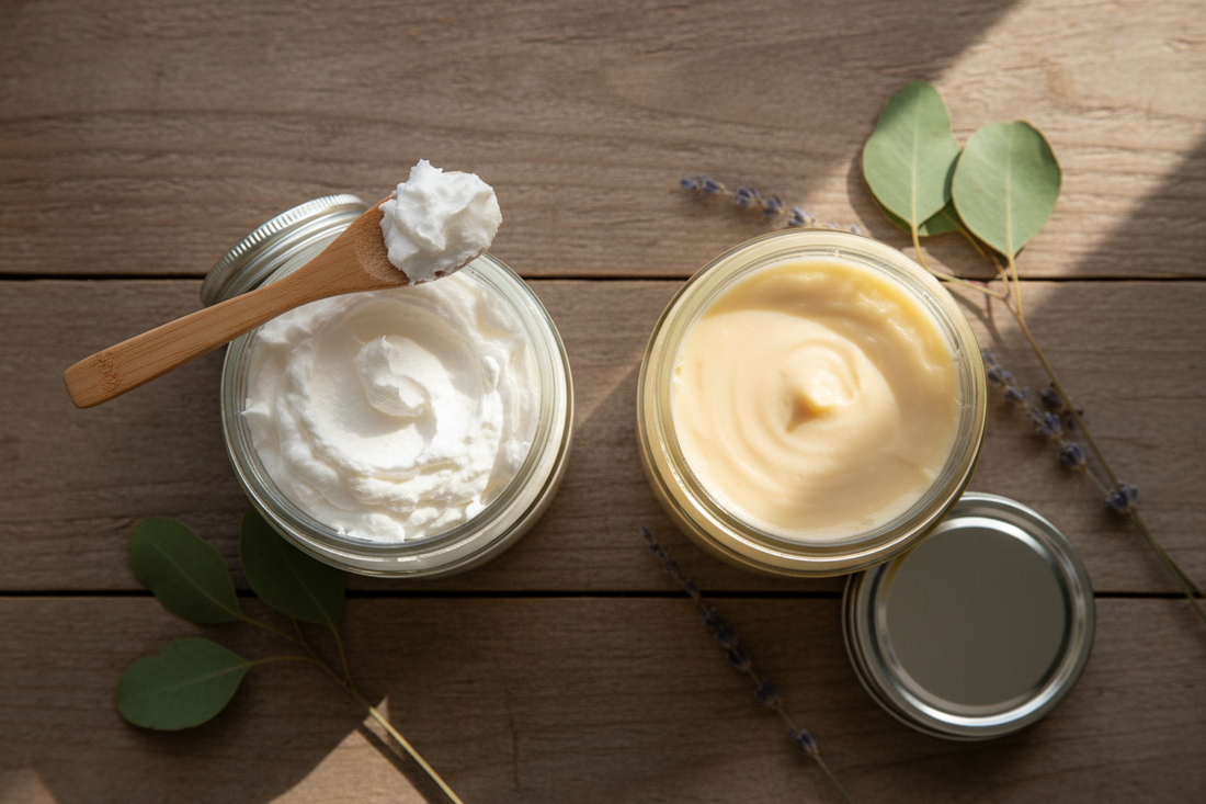 Jar of grass-fed whipped tallow balm next to shea butter on a rustic wooden surface - natural skincare comparison by Rivas Ranch