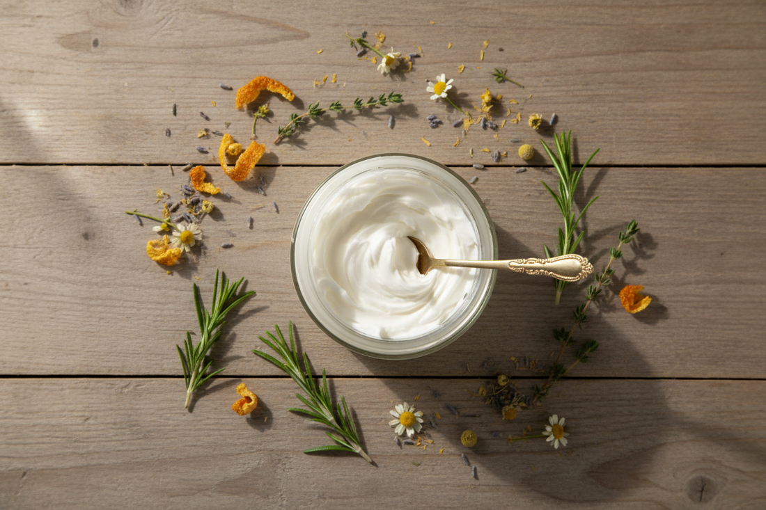Freshly opened jar of grass-fed whipped tallow balm by Rivas Ranch - small-batch farm-to-skin skincare