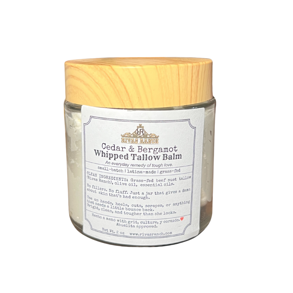 Jar of Cedar & Bergamot Whipped Tallow Balm with wooden cap on a white background