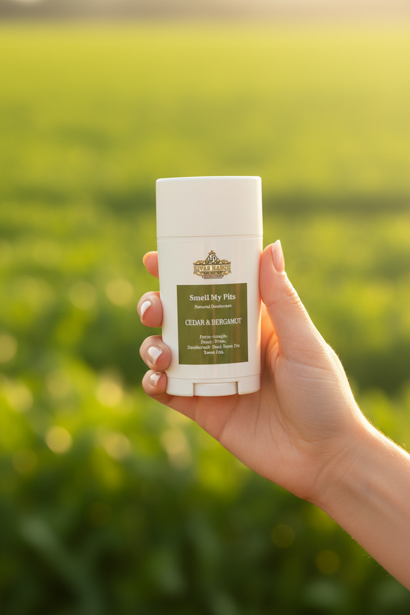 Cedar Bergamot Tallow Deodorant held outdoors