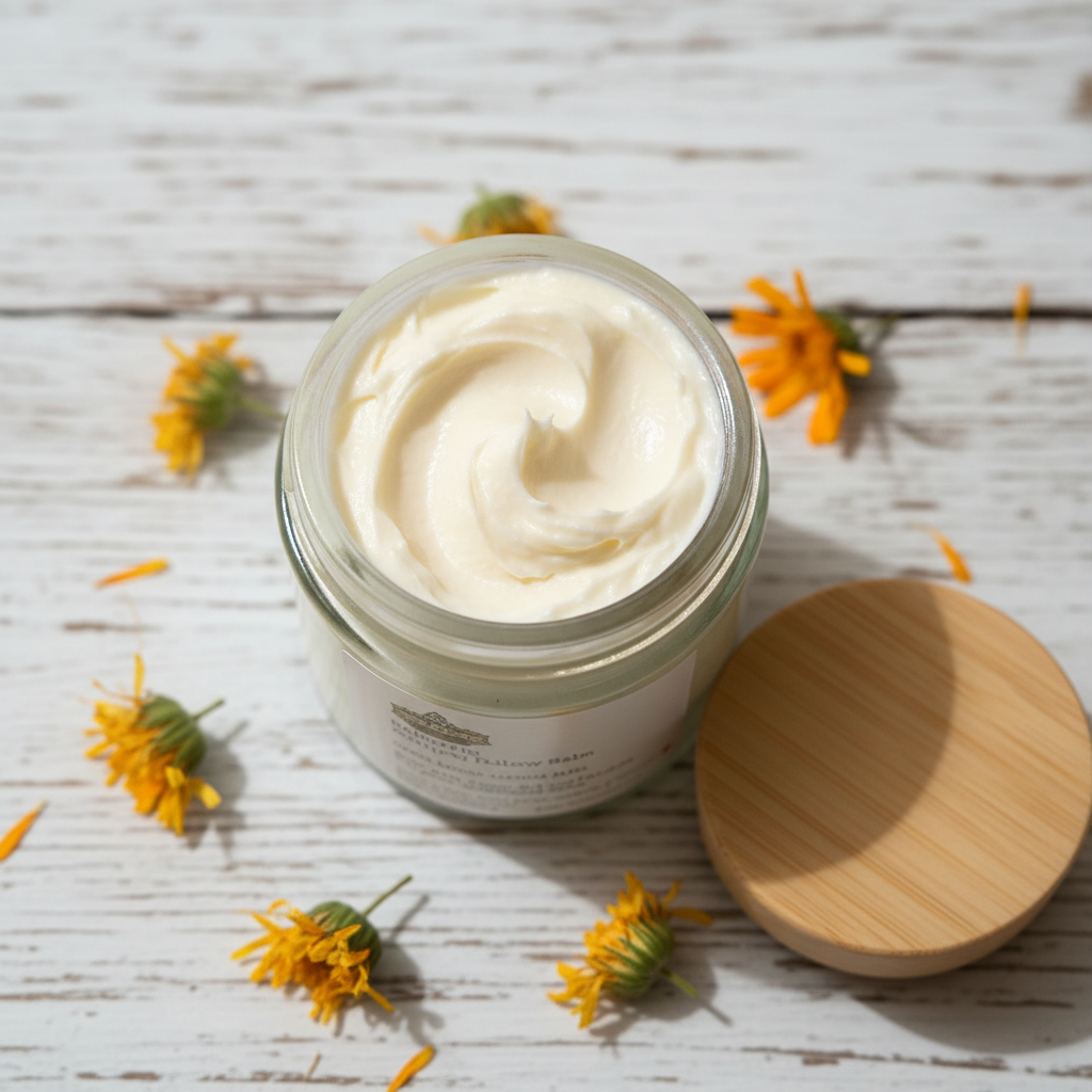 Whipped tallow balm texture shot overhead with Bareface jar