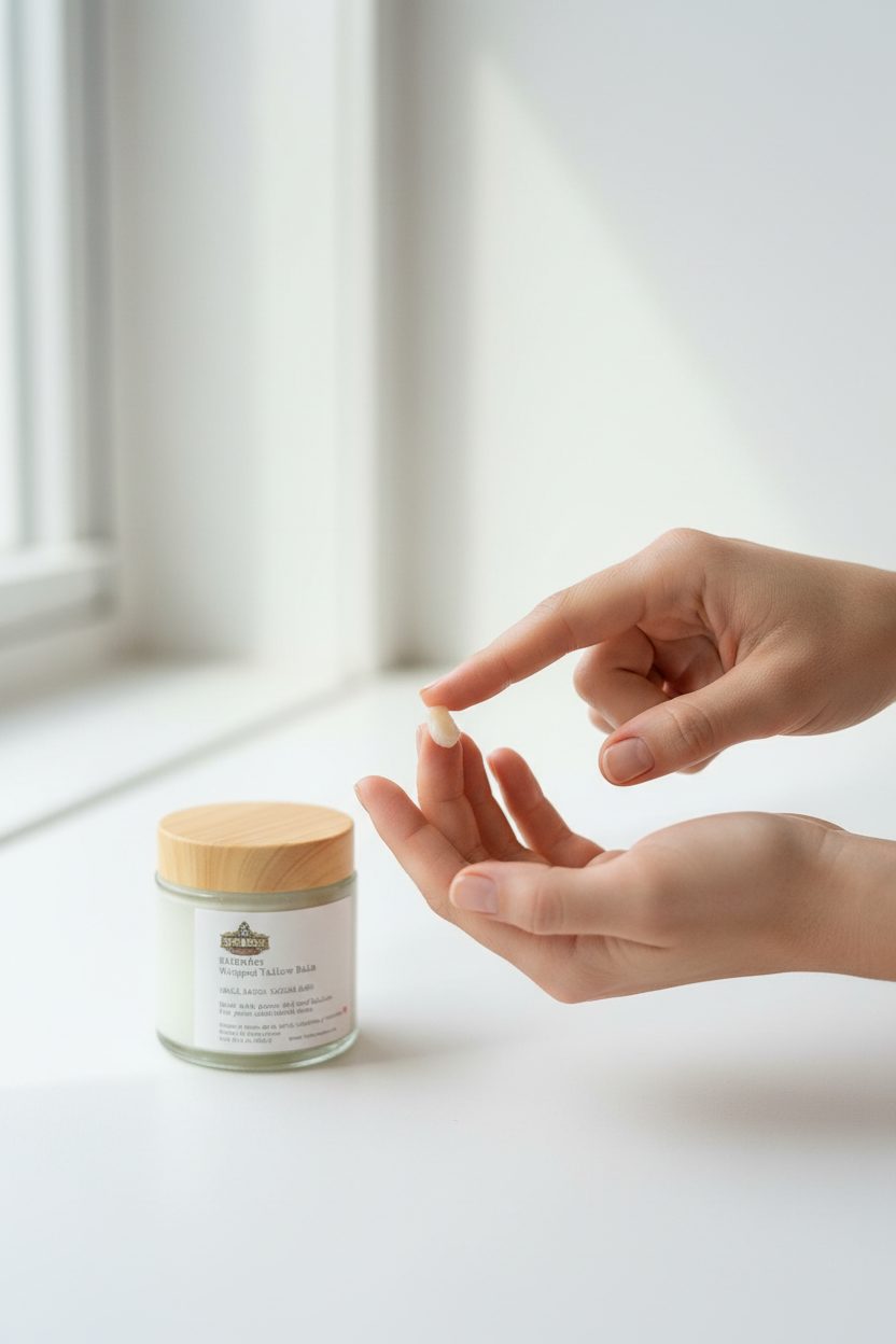Woman warming tallow balm between fingertips with Bareface jar